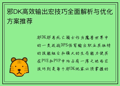 邪DK高效输出宏技巧全面解析与优化方案推荐